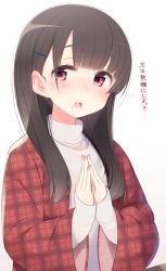 Rule 34 | 1girl, :d, bad id, bad twitter id, blunt bangs, brown hair, hair ornament, hairclip, long hair, mole, mole under mouth, nekoume, open mouth, original, own hands together, plaid, red eyes, robe, smile, solo, turtleneck, unmoving pattern