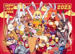 Rule 34 | 2023, 6+girls, :3, adapted costume, alcohol, animal ears, arms behind head, bamboo steamer, baozi, beastars, beer, beer mug, biceps, blonde hair, blush, boku no hero academia, bowl, bracelet, breasts, brown fur, buck teeth, bunnie rabbot, carrot, carrot (one piece), carrot print, chair, chili dog, china dress, chinese clothes, chinese zodiac, cleavage, cleavage cutout, clothing cutout, crossed legs, crossover, cup, dark-skinned female, dark skin, dress, drinking glass, eating, elbow gloves, eyeshadow, fake animal ears, female focus, final fantasy, final fantasy xii, floral print, food, food print, fork, fran (ff12), furry, furry female, gloves, green eyes, grey fur, grey hair, hair over one eye, happy new year, haru (beastars), jessica rabbit, jewelry, judy hopps, large breasts, lola bunny, looney tunes, makeup, meat, mechanical arms, mechanical legs, medium breasts, mike luckas, mirko, mug, multiple crossover, multiple girls, muscular, muscular female, new year, noodles, one piece, plate, purple eyes, purple eyeshadow, purple gloves, rabbit ears, rabbit girl, rabbit tail, ramen, red eyes, single mechanical arm, sonic (series), sonic the hedgehog (satam), space jam, spiked bracelet, spikes, spoon, table, tail, teeth, trait connection, viera, white fur, white gloves, who framed roger rabbit, year of the rabbit, zootopia