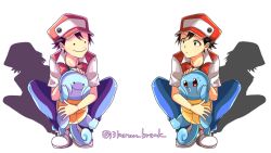 Rule 34 | 2boys, bad id, bad pixiv id, baseball cap, black eyes, black hair, blue pants, collared shirt, creature, creatures (company), denim, ditto, expressionless, eye contact, game freak, gen 1 pokemon, hat, jeans, looking at another, multiple boys, nananiwaniwa, nintendo, orange eyes, pants, pokemon, pokemon (creature), pokemon move, pokemon rgby, red (pokemon), shadow, shirt, shoes, short sleeves, signature, simple background, sitting, smile, squirtle, symmetrical pose, transformed ditto, white background