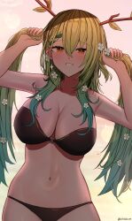 Rule 34 | 1girl, antlers, bare shoulders, blush, braid, braided bangs, breasts, ceres fauna, cleavage, flower, green hair, highres, hololive, hololive english, horns, kotodekun, large breasts, long hair, looking at viewer, mole, mole under eye, smile, solo, virtual youtuber, yellow eyes