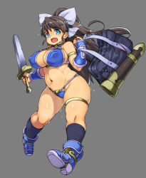 Rule 34 | 1girl, armor, bikini armor, blue eyes, breasts, brown hair, cleavage, curvy, covered erect nipples, fang, full body, hair ribbon, highres, kawacchi hirohiro, large breasts, long hair, looking at viewer, navel, open mouth, plump, ribbon, solo, sweat, sword, thick thighs, thighs, weapon