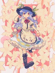 Rule 34 | 1girl, black footwear, black hat, blue hair, blue skirt, blush, boots, buttons, center frills, flower, food, frilled skirt, frills, fruit, fruit hat ornament, full body, hair between eyes, hat, hat ornament, highres, hinanawi tenshi, holding, holding food, holding fruit, itomugi-kun, long hair, open mouth, peach, peach hat ornament, puffy short sleeves, puffy sleeves, rainbow order, red eyes, shirt, short sleeves, skirt, solo, touhou, white flower, white shirt