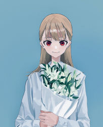 Rule 34 | 1girl, bad id, bad pixiv id, blonde hair, blue background, bouquet, closed mouth, donguri hello, flower, half updo, highres, holding, holding bouquet, long hair, long sleeves, looking at viewer, original, red eyes, shirt, simple background, smile, solo, straight-on, white flower, white lily, white shirt