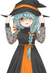 Rule 34 | 1girl, black dress, black hat, blue hair, blush, braid, brown eyes, cocoperino, commentary request, dress, hair ribbon, hamanami (kancolle), hat, holding, holding clothes, holding hat, kantai collection, long hair, long sleeves, open mouth, orange ribbon, ribbon, simple background, solo, white background, witch hat