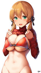 Rule 34 | 1girl, anchor hair ornament, aqua eyes, belko, bikini, bikini top only, blonde hair, blush, bottomless, breasts, cleavage, clothes lift, hair between eyes, hair ornament, highres, kantai collection, large breasts, long hair, looking at viewer, navel, open mouth, out-of-frame censoring, prinz eugen (kancolle), red bikini, simple background, smile, solo, swimsuit, twintails, white background