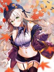Rule 34 | 1girl, autumn, autumn leaves, black hat, black shorts, black thighhighs, blue hat, blurry, blurry background, breasts, collared shirt, commission, falling leaves, garter straps, green eyes, groin, haruhina purple, hat, highres, jacket, leaf, long hair, looking at viewer, medium breasts, nail polish, navel, original, purple jacket, red nails, shirt, short shorts, shorts, simple background, skeb commission, solo, thighhighs, thighs, white shirt