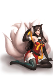 Rule 34 | 1girl, absurdres, ahri (league of legends), animal ears, black gloves, black hair, black thighhighs, breasts, cleavage, cosplay, elbow gloves, facial mark, fox ears, fox tail, fur trim, gloves, heart, highres, karukaru86, large breasts, league of legends, long hair, looking at viewer, multiple tails, red eyes, ribbon, sitting, solo, tail, thighhighs, whisker markings