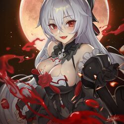 Rule 34 | 1girl, absurdres, arepko, black dress, blood, breasts, cleavage, detached sleeves, dress, fang, highres, honkai (series), honkai impact 3rd, long hair, moon, open mouth, red eyes, smile, solo, theresa apocalypse, theresa apocalypse (luna kindred), theresa apocalypse (lunar vow: crimson love), vampire, white background