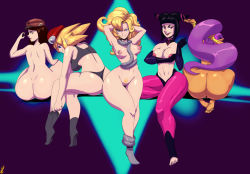 Rule 34 | 5girls, ass, ayla (chrono trigger), black hair, blonde hair, bra, breasts, brown hair, butt crack, capcom, character request, chrono (series), chrono trigger, curvy, fallout (series), fallout 4, feet, female focus, from behind, gradient background, han juri, hat, huge ass, large breasts, long hair, looking back, mega man (series), mega man legends (series), multiple girls, nipples, nude, panties, piper wright, pubic hair, purple hair, pussy, roll caskett (mega man), shantae, shantae (series), short hair, soles, square enix, street fighter, thehumancopier, thick thighs, thighs, toes, topless, uncensored, underwear, wide hips