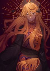 Rule 34 | 1girl, absurdres, belt, black belt, black dress, black hat, blonde hair, breasts, brown background, chinese clothes, closed mouth, crescent, dress, gradient background, gradient hair, hair between eyes, hat, highres, junko (touhou), long hair, long sleeves, looking down, medium breasts, multicolored hair, orange hair, pandelia, phoenix crown, pom pom (clothes), red eyes, red vest, solo, standing, tabard, touhou, vest, wide sleeves