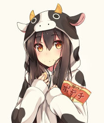 Rule 34 | 10s, 1girl, akagi (kancolle), alternate costume, animal costume, blush, brown eyes, brown hair, chips (food), cow costume, food, food on face, kantai collection, long hair, looking at viewer, md5 mismatch, potato chips, resolution mismatch, shuuichi, simple background, sleeves past wrists, solo, source smaller, upper body, white background