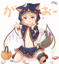 Rule 34 | 1girl, :d, animal ears, animal hood, asymmetrical legwear, blonde hair, blue capelet, blue skirt, blush, bow, brown footwear, candy, candy wrapper, capelet, commentary request, coreytaiyo, crystal, dated, fang, flandre scarlet, food, hair between eyes, halloween bucket, hands up, heart, highres, hood, hood up, hooded capelet, kemonomimi mode, long hair, looking at viewer, navel, one side up, open mouth, print capelet, print skirt, red bow, red eyes, shoes, sidelocks, signature, single thighhigh, single wrist cuff, sitting, skirt, smile, solo, star (symbol), star print, striped clothes, striped thighhighs, suspender skirt, suspenders, tail, thighhighs, thighs, touhou, translated, uneven legwear, wariza, white background, wings, wolf ears, wolf girl, wolf hood, wolf tail, wrist cuffs