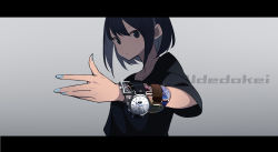 Rule 34 | 1girl, absurdres, black eyes, black hair, commentary, fami (yellow skies), highres, letterboxed, nail polish, original, romaji text, shirt, short hair, solo, t-shirt, too many, upper body, watch, wristwatch