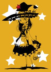 Rule 34 | 1girl, braid, female focus, full body, grin, hat, kirisame marisa, monochrome, smile, solo, sonson (eleven), spot color, star (symbol), touhou, witch, witch hat, yellow theme