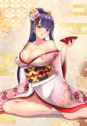 Rule 34 | 1girl, bare shoulders, blue eyes, blunt bangs, breasts, cleavage, collarbone, cup, fate/grand order, fate (series), japanese clothes, kanki (kibunhasaikou), kimono, large breasts, licking lips, long hair, looking at viewer, martha (fate), obi, off shoulder, pink kimono, ponytail, purple hair, sakazuki, sash, solo, tongue, tongue out, wide sleeves