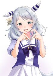 Rule 34 | 1girl, absurdres, animal ears, blush, breasts, brown eyes, commentary request, grey hair, heart, heart hands, highres, hishi miracle (umamusume), horse ears, horse girl, horse tail, looking at viewer, matsuba mattsu, medium breasts, medium hair, open mouth, school uniform, simple background, solo, tail, tracen school uniform, umamusume, white background