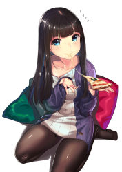 Rule 34 | 1girl, blue eyes, blush, brown hair, brown pantyhose, dress, eating, fingernails, flying sweatdrops, food, highres, kagematsuri, long hair, long sleeves, looking at viewer, multicolored clothes, multicolored sweater, no shoes, original, pantyhose, pillow, pizza, ribbed sweater, simple background, solo, sweater, sweater dress, white background