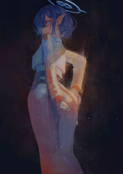 Rule 34 | 1girl, aoi (blue archive), betabeet, blue archive, blue hair, blush, cropped jacket, earclip, from behind, gloves, halo, highres, jacket, long skirt, long sleeves, looking at viewer, looking back, mole, mole under eye, pointy ears, skirt, solo, white gloves, white jacket, white skirt