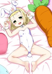 Rule 34 | 1girl, animal ears, arms up, bare shoulders, barefoot, bed, blonde hair, carrot, detached collar, double v, fake animal ears, forehead, green eyes, groin, highleg, highleg leotard, highres, kantai collection, legs, leotard, luigi torelli (kancolle), lying, nassukun, on back, open mouth, pillow, playboy bunny, rabbit ears, rabbit tail, short hair, smile, soles, solo, strapless, strapless leotard, stuffed toy, tail, thighs, toes, v, white leotard, wrist cuffs