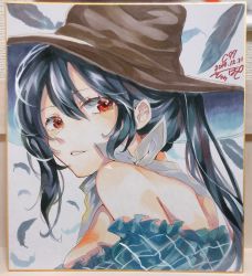 Rule 34 | 1girl, bandana, bare shoulders, black hair, blue shirt, breasts, brown hat, comiket 97, commentary request, cowboy hat, dated, feathers, hair between eyes, hat, highres, kurokoma saki, long hair, looking at viewer, medium breasts, off-shoulder shirt, off shoulder, parted lips, photo (medium), ponytail, red eyes, satoupote, shikishi, shirt, sidelocks, solo, touhou, traditional media, upper body