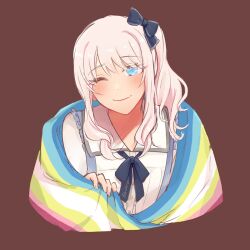 Rule 34 | 1other, akiyama mizuki, blue eyes, bow, buttons, closed mouth, emuthusiast, flag, hair bow, long hair, looking at viewer, map flag, neck ribbon, one eye closed, pink hair, project sekai, ribbon, third-party edit