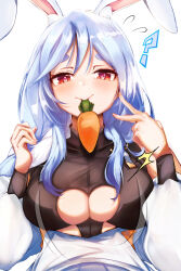 Rule 34 | 1girl, ?, absurdres, animal ear fluff, animal ears, black bodysuit, blush, bodysuit, braid, braided ponytail, breasts, byxis, carrot, cleavage, cleavage cutout, clothing cutout, detached sleeves, highres, hololive, large breasts, long hair, mature female, mouth hold, pekomama, rabbit-shaped pupils, rabbit ears, rabbit girl, red eyes, short eyebrows, symbol-shaped pupils, virtual youtuber, white background, white sleeves