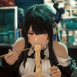 Rule 34 | 1girl, absurdres, asymmetrical horns, bare shoulders, black bow, black bowtie, black hair, black jacket, blurry, blurry background, bow, bowl, bowtie, breasts, chopsticks, commentary, demon horns, eating, english commentary, food, fur trim, hair ornament, highres, holding, holding chopsticks, hololive, hololive english, horn flower, horns, jacket, large breasts, long hair, looking at viewer, mocomiliano, mole, mole under eye, nerissa ravencroft, nerissa ravencroft (1st costume), noodles, ramen, red eyes, ribbed shirt, shirt, solo, tassel, tassel hair ornament, uneven horns, upper body, virtual youtuber, white shirt