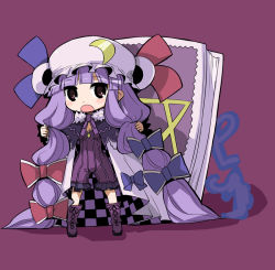 Rule 34 | 1girl, adapted costume, book, boots, bow, breasts, cape, cleavage, crescent, female focus, full body, hair bow, hat, long hair, open mouth, patchouli knowledge, purple background, purple eyes, purple hair, ribbon, simple background, small breasts, solo, touhou, very long hair, yamane masato