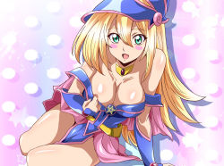 Rule 34 | 1girl, :d, arm support, bare shoulders, blonde hair, blush stickers, bracer, breasts, capelet, choker, cleavage, clothes pull, collarbone, dark magician girl, duel monster, green eyes, hat, large breasts, long hair, looking at viewer, off shoulder, open mouth, pentacle, sitting, smile, solo, star (symbol), starry background, washizuka shou, wizard hat, yokozuwari, yu-gi-oh!, yuu-gi-ou, yu-gi-oh! duel monsters
