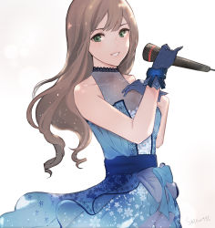 Rule 34 | 1girl, alternate hair color, artist name, bad id, bad pixiv id, bare arms, bare shoulders, blue bow, blue dress, blue gloves, blunt bangs, blush, bodice, bow, brown hair, dress, floral print, glove bow, gloves, green eyes, hand on own chest, holding, holding microphone, idolmaster, idolmaster cinderella girls, idolmaster cinderella girls starlight stage, looking at viewer, microphone, parted lips, sash, shibuya rin, shino (mufn5785), sleeveless, sleeveless dress, solo, sparkle, upper body, wavy hair