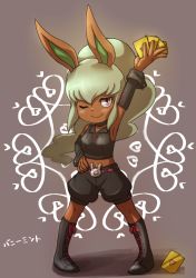 Rule 34 | 10s, 1girl, animal ears, arm up, bad id, bad pixiv id, boots, rabbit, rabbit ears, bunny mint, character name, choker, cross-laced footwear, full body, hand on own hip, high ponytail, long hair, looking at viewer, midriff, navel, one eye closed, pigeon-toed, shorts, smile, solo, standing, thin (suzuneya), youkai watch
