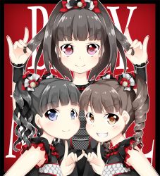 Rule 34 | &gt;:), &gt;:d, 3girls, :d, \m/, armpit peek, babymetal, bad id, bad pixiv id, black border, black hair, black nails, black shirt, black skirt, blue eyes, blunt bangs, blush, border, brown eyes, brown hair, collar, commentary request, curly hair, double \m/, drill hair, fingernails, frilled collar, frilled sleeves, frills, grin, hair ornament, idol, inumine aya, kikuchi moa, long hair, looking at viewer, looking to the side, mizuno yui, multiple girls, nail polish, nakamoto suzuka, open mouth, red background, red eyes, shirt, skirt, sleeveless, sleeveless shirt, smile, twin drills, twintails, v-shaped eyebrows
