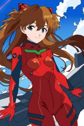 Rule 34 | 1girl, arm support, artist request, blue eyes, blue sky, bodysuit, breasts, brown hair, cameltoe, curvy, day, floating hair, interface headset, long hair, looking at viewer, neon genesis evangelion, plugsuit, red bodysuit, shiny clothes, skin tight, skindentation, sky, smile, solo, souryuu asuka langley, twintails, very long hair, wide hips