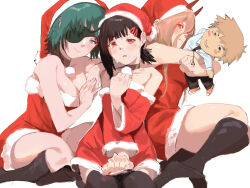 Rule 34 | 3girls, black necktie, black socks, blonde hair, blue eyes, blush, breasts, brown hair, chainsaw man, character doll, christmas, cleavage, collared shirt, cross-shaped pupils, crying, crying with eyes open, denji (chainsaw man), hugging doll, dress, eyepatch, fur-trimmed dress, fur-trimmed sleeves, fur trim, green hair, hair between eyes, hair ornament, hairclip, hat, higashiyama kobeni, highres, himeno (chainsaw man), horns, horns through headwear, large breasts, leaning on person, long hair, looking at viewer, looking to the side, medium hair, multiple girls, necktie, hugging object, open mouth, pout, power (chainsaw man), pull cord, raneblu, red dress, red eyes, red horns, red sleeves, santa hat, seiza, sharp teeth, shirt, short hair, simple background, sitting, smile, socks, swept bangs, symbol-shaped pupils, tears, teeth, white background, white shirt, yellow eyes