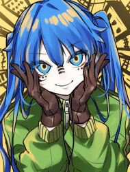 Rule 34 | 1girl, blue eyes, blue hair, brown gloves, closed mouth, facial mark, gloves, green jacket, hatsune miku, head rest, jacket, long hair, long sleeves, looking at viewer, matryoshka (vocaloid), multicolored eyes, smile, solo, soramame pikuto, twintails, vocaloid, yellow background, yellow eyes