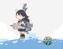 Rule 34 | 1girl, adapted turret, ahoge, black hair, blue sailor collar, blue skirt, cannon, commentary request, food, fruit, kantai collection, long hair, machinery, partially underwater shot, pleated skirt, saiguchi otoufu, sailor collar, school uniform, serafuku, skirt, solo, standing, standing on liquid, turret, ushio (kancolle), watermelon