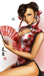 Rule 34 | 1girl, alternate costume, breasts, brown eyes, brown hair, bug, butterfly, capcom, china dress, chinese clothes, chun-li, cleavage, cleavage cutout, clothing cutout, double bun, dress, earrings, eyeliner, floral print, folding fan, hair bun, hair ribbon, hand fan, insect, jewelry, large breasts, lips, looking at viewer, makeup, nose, pelvic curtain, realistic, ribbon, short hair, side slit, sitting, solo, street fighter, thighs, tixie lix, watermark, web address