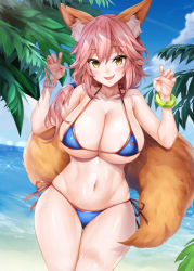 Rule 34 | 1girl, :d, animal ear fluff, animal ears, bare shoulders, beach, bikini, blue bikini, blue sky, blush, bracelet, breasts, claw pose, cleavage, cloud, collarbone, commentary, cowboy shot, day, fang, fate/extra, fate/grand order, fate (series), fox ears, fox girl, fox tail, hair between eyes, hands up, hip focus, jewelry, large breasts, legs together, long hair, looking at viewer, navel, ocean, oni-noboru, open mouth, outdoors, palm tree, paw pose, pink hair, revision, shiny skin, sky, smile, solo, standing, stomach, swimsuit, tail, tamamo (fate), tamamo no mae (fate/extra), tamamo no mae (swimsuit lancer) (fate), thighs, tree, yellow eyes