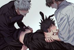 Rule 34 | 3boys, animal ears, ass, black hair, black jacket, black pants, blue eyes, blush, commentary request, finger in another&#039;s mouth, fushiguro megumi, fushirun rung, gojou satoru, green eyes, hand on another&#039;s face, high collar, highres, jacket, jujutsu kaisen, leopard ears, long sleeves, looking at another, multiple boys, okkotsu yuuta, pants, rabbit boy, rabbit ears, rabbit tail, saliva, short hair, smile, spiked hair, tail, tongue, tongue out, white hair, white jacket, yaoi
