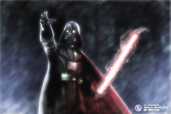 Rule 34 | cape, dark, darth vader, energy sword, helmet, highres, lightsaber, outstretched hand, rain, star wars, sword, text focus, tree, weapon