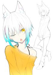 Rule 34 | 1girl, absurdres, animal ear fluff, animal ears, bare legs, bare shoulders, blue hair, collarbone, commentary request, fang, full body, gradient hair, hair between eyes, halterneck, head tilt, highres, long sleeves, looking at viewer, multicolored hair, multiple views, naked shirt, nirap, no shoes, off shoulder, one eye closed, open mouth, orange shirt, original, own hands together, shirt, shirt tug, short hair, sidelocks, silver hair, simple background, skin fang, socks, standing, thighs, upper body, v arms, white background, wolf ears, yellow eyes