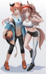 Rule 34 | 2girls, :d, absurdres, ahoge, angelina (arknights), animal ears, arknights, arm up, ball, bare shoulders, basketball, basketball (object), basketball uniform, black footwear, black leggings, black shorts, blue jacket, blue shirt, breasts, brown hair, cleavage, closed mouth, collarbone, commentary request, cow horns, croissant (arknights), fox ears, fox girl, full body, green eyes, headband, highres, holding, holding ball, horns, jacket, large breasts, leggings, long hair, looking at viewer, low ponytail, medium breasts, midriff, multiple girls, navel, off shoulder, open mouth, orange footwear, orange hair, red eyes, red headband, rhodes island logo (arknights), shadow, shirt, shoes, short shorts, shorts, sidelocks, simple background, single thighhigh, skindentation, smile, sneakers, sports bra, sportswear, standing, standing on one leg, sthk, thighhighs, twintails, white background, white sports bra
