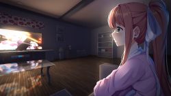 Rule 34 | 1girl, bookshelf, bow, brown hair, ceiling, closed mouth, commentary, dark, doki doki literature club, from side, green eyes, hair bow, indoors, long hair, long sleeves, looking to the side, monika (doki doki literature club), night, painting (object), pajamas, ponytail, reflection, sidelocks, sitting, smile, solo, table, tagme, television, tsukimaru, watching television, wooden floor