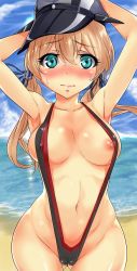 Rule 34 | 10s, 1girl, bad id, bad pixiv id, beach, blonde hair, blush, breast slip, breasts, cv1115, day, eyebrows, gluteal fold, hat, highres, kantai collection, large breasts, long hair, looking at viewer, low twintails, outdoors, peaked cap, prinz eugen (kancolle), sand, shiny skin, slingshot swimsuit, solo, swimsuit, twintails, water