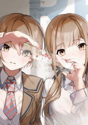 Rule 34 | 2girls, :i, absurdres, almic, black ribbon, blazer, blush, brown eyes, brown hair, brown jacket, closed mouth, collared shirt, colored stripes, cover image, covered mouth, dress shirt, hair over shoulder, hair ribbon, highres, holding, jacket, jinguuji naori, jinguuji rumi, koi wa futago de warikirenai, long hair, long sleeves, looking at viewer, low twintails, mole, mole under eye, mole under mouth, multiple girls, necktie, novel illustration, official art, open clothes, open jacket, ribbon, ruler, school uniform, shirt, short hair, short necktie, siblings, side-by-side, sisters, striped neckwear, textless version, twins, twintails, upper body, white shirt