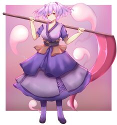 Rule 34 | 1girl, absurdres, alternate color, alternate hair color, brown background, closed mouth, coin, commentary, dress, english commentary, full body, hair bobbles, hair ornament, highres, holding, holding scythe, lightgrazer, looking at viewer, obi, onozuka komachi, purple dress, purple hair, red eyes, sash, scythe, short hair, smile, solo, standing, touhou, two side up