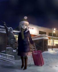 Rule 34 | 10s, 1girl, black background, black footwear, blonde hair, blue coat, blue eyes, blurry, blurry background, bobblehat, breath, briefcase, brown scarf, building, casual, character request, coat, depth of field, footprints, fringe trim, fusou (fuso0205), girls und panzer, hat, highres, holding, katyusha (girls und panzer), location request, long sleeves, medium skirt, night, night sky, outdoors, pantyhose, pink skirt, red hat, rolling suitcase, scarf, skirt, sky, snow, solo, stairs, standing, statue, suitcase, translation request, winter, winter clothes