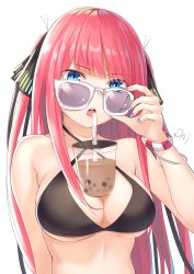 Rule 34 | 1girl, absurdres, adjusting eyewear, adjusting glasses, bikini, black bikini, black ribbon, blue eyes, blue nails, blunt bangs, bracelet, breasts, bubble tea, bubble tea challenge, cleavage, commentary request, da-cart, drink, drinking straw, go-toubun no hanayome, hair ornament, hair ribbon, highres, jewelry, large breasts, long hair, looking at viewer, looking over eyewear, looking over glasses, multicolored nails, nail polish, nakano nino, object on breast, open mouth, pink hair, purple-tinted eyewear, purple-tinted glasses, purple nails, ribbon, simple background, solo, sunglasses, swimsuit, teeth, tinted eyewear, two side up, underboob, upper body, upper teeth only, very long hair, white background