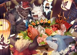 Rule 34 | 4boys, absurdres, bara, baseball cap, blank eyes, can, fangs, fish (food), food, furry, furry male, hat, highres, holding, holding can, horns, lamp, light blush, looking at another, male focus, multiple boys, muscular, muscular male, null-ghost, one eye closed, open mouth, original, oyster, restaurant, sashimi, shark boy, shark fin, shirt, sitting, sleeveless, sleeveless shirt, sweatdrop, window blinds