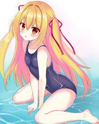Rule 34 | 1girl, alternate costume, bare arms, bare legs, bare shoulders, barefoot, between legs, black one-piece swimsuit, blonde hair, blush, breasts, collarbone, commentary request, covered navel, hair between eyes, hair intakes, hair ribbon, hand between legs, irotoridori no sekai, leaning forward, long hair, looking at viewer, miyako (mongcocoa), nikaidou shinku, one-piece swimsuit, open mouth, red eyes, red ribbon, ribbon, school swimsuit, simple background, sitting, small breasts, solo, swimsuit, thighs, two side up, very long hair, wariza, water, white background